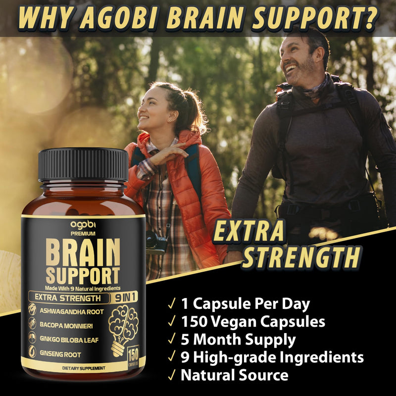 [Australia] - agobi 9in1 Brain Support Supplement - Blended with Ashwagandha, Panax Ginseng, Gotu Kola, Ginkgo Biloba, Black Pepper & More - Accuracy, Focus, Memory & Energy Booster - 150 Capsules for 5 Months 