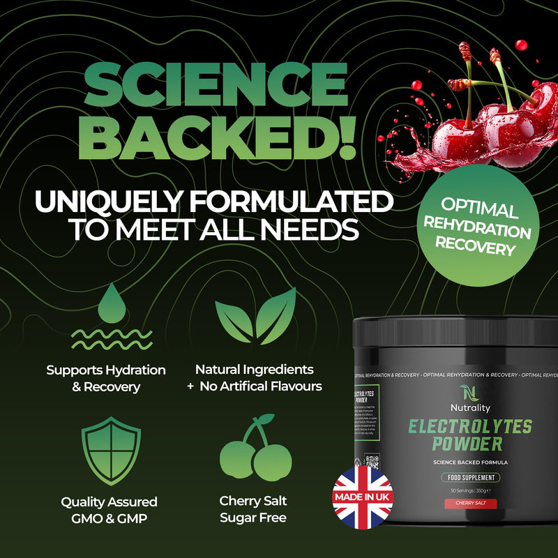 Electrolytes Powder 350g | Vegan | 50 Servings | Cherry | Sugar, Calcium & Artificial Flavour Free | Keto, Paleo Rehydration | 1000mg Sodium, 200mg Potassium & 60mg Magnesium