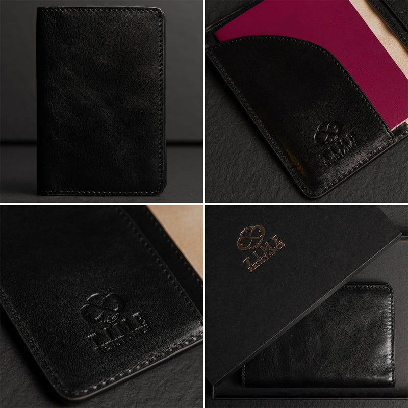 Time Resistance Leather Passport Holder – Full-Grain Leather Travel Wallet - Passport Cover with Card Slots (Black) Black