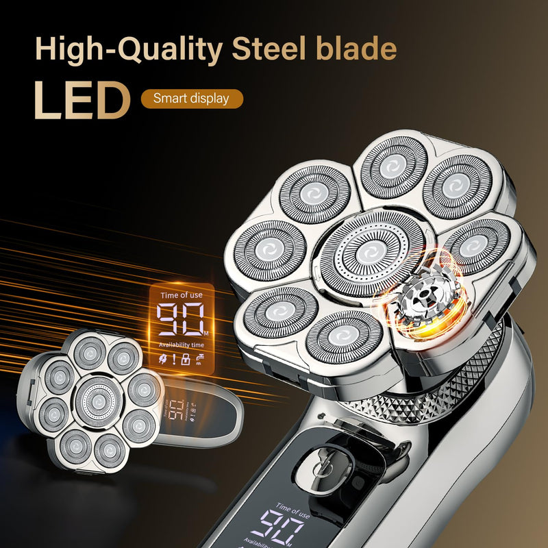 [Australia] - 9 Floating Heads Detachable Head Shavers,6 in 1 Electric Razor IPX6 Waterproof for Bald Men, Wet Dry Mens Grooming Kit,LED Display Rechargeable 9D Rotary Shaver Grooming Kit with Type-C Charge 