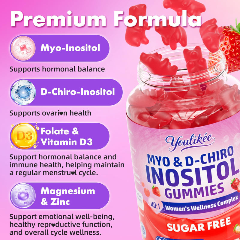 Myo-Inositol & D-Chiro Inositol Gummies for Women, Sugar-Free, 60 Count | Ideal 40:1 Ratio with Vitamin D3, Folate, Magnesium and Zinc - Support Female Health & Wellness, Strawberry Flavor 60 Count (Pack of 1)