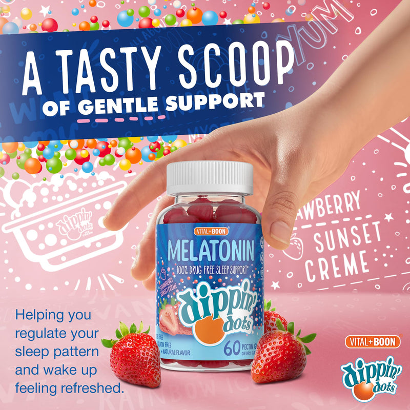 Dippin' Dots Kids Melatonin Gummies, Natural Sleep Aid, 2.5mg (60 Ct) | Strawberry Sunset Creme sleep aid gummies for kids & adults; vegetarian, easy nightly melatonin gummy chew for bedtime. 60 Count (Pack of 1) Gummy - 5 mg/serving