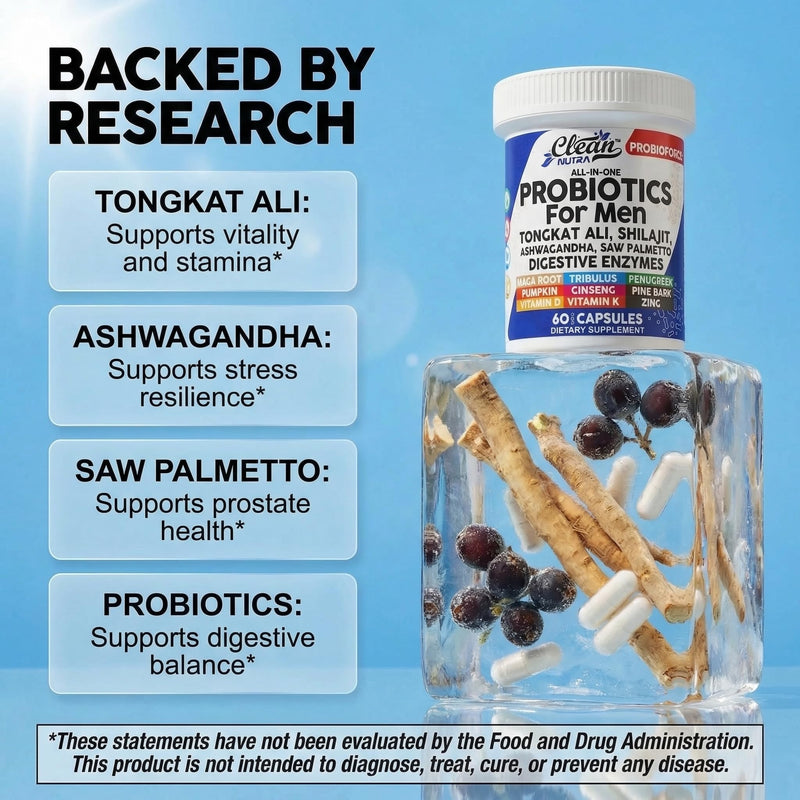 Clean Nutra Probiotics for Men | Tongkat Ali, Saw Palmetto, Tribulus, Ginseng, Ashwagandha, Maca, Pumpkin, Gingko Biloba, Pine Bark, Fenugreek, Shilajit, Zinc - Mens Probiotic 60 Capsules 1