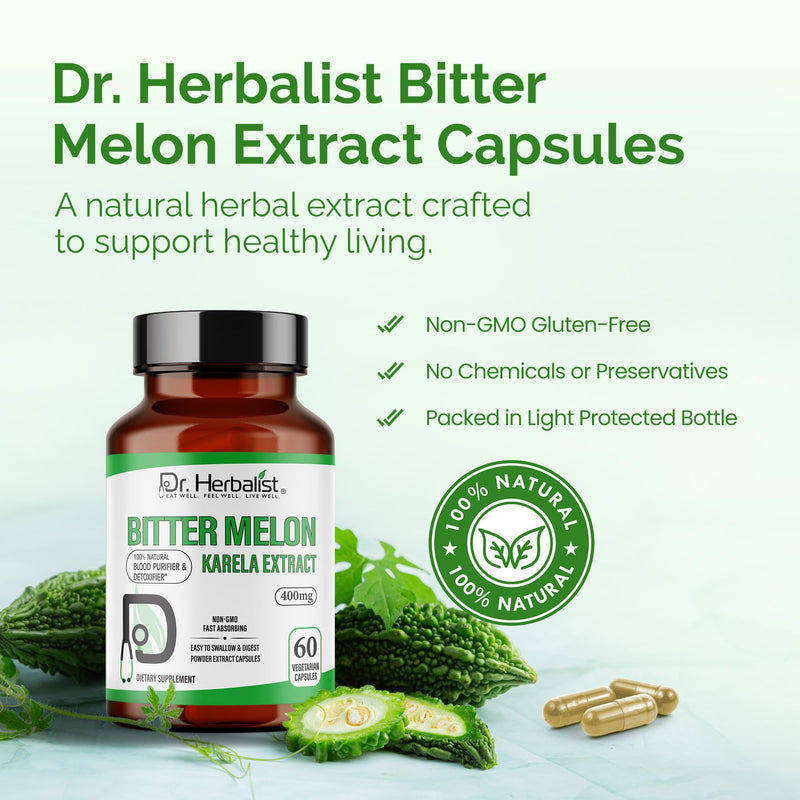 [Australia] - Dr. Herbalist Bitter Melon / Karela Extract 400mg - 60 Capsules| Non-GMO | Fasting Absorbing | Vegetarian. 
