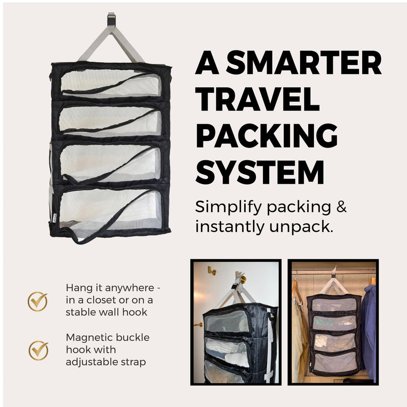 Hanging Suitcase Organizer – Instant Travel Closet with Built-In Compression | 4-Compartment Wardrobe Packing Cubes for Carry-On & Checked Luggage | Travel Essentials for Men & Women