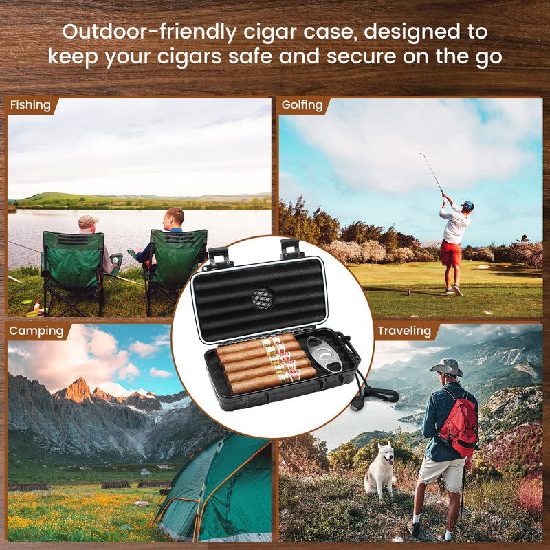 [Australia] - Flauno Travel Cigar Humidor Case - Portable Cigar Box with Humidifier Disc & Cigar Cutter | Waterproof | Crushproof | Airtight | Durable (Holds up to 5 Cigars) Holds up to 5 Cigars 