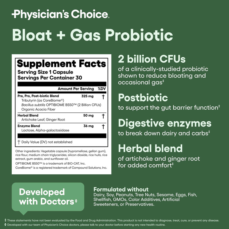 [Australia] - Physician's CHOICE Bloat & Gas Probiotic 5-in-1 Proactive Support + Daily Relief - Digestion & Gut Health- Herbals, Digestive Enzymes, Post & Prebiotics - Gas Relief for Adults - Women & Men - 30ct 30 Count (Pack of 1) 