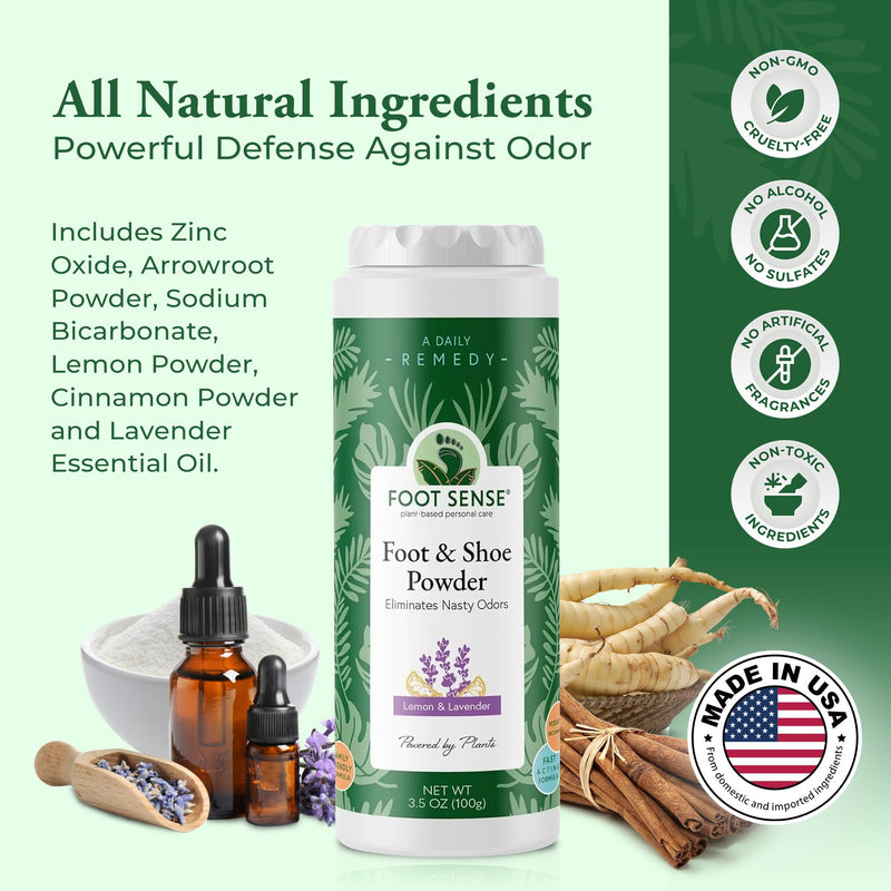 FOOT SENSE All Natural Foot & Shoe Powder, Foot Odor Eliminator for Long-Lasting Odor Control Lasts up to 6 Months, Deodorizes, Safe for Men, Women, Kids, Athletes, 100g 3.5 Ounce (Pack of 1)
