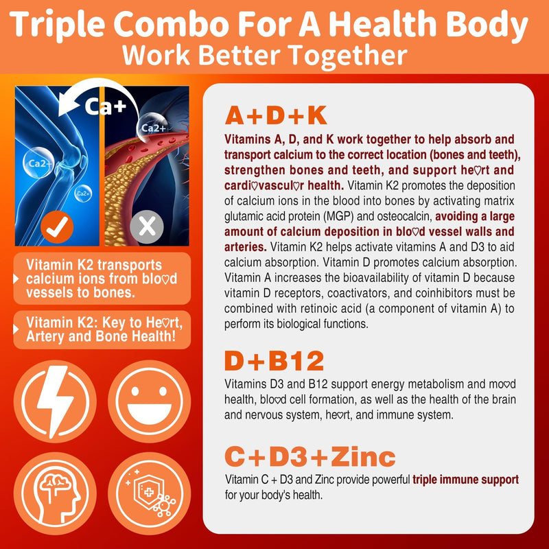 Sugar-Free ADK+Vitamin B12 Gummies - Vitamin D3 K2 10,000IU/ 5000IU, B12 5000mcg 2500mcg, K2 (MK-7) 240mcg, Multivitamin Adults-Vitamin A,Vegan Vitamin D,Methyl B12,C,Zinc-Eye,Bone,Energy,Nerve,Immune 60 Count (Pack of 2)