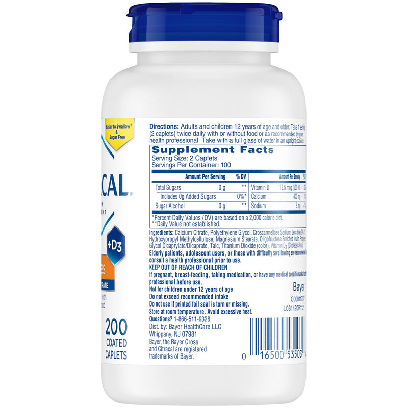 [Australia] - Citracal Petites, 400 mg Calcium Citrate, Easily Absorbed and Highly Soluble with 12.5 mcg (500 IU) Vitamin D3, Bone Health Support for Ages 12+, Smaller and Easier to Swallow Caplets, 200 Count 