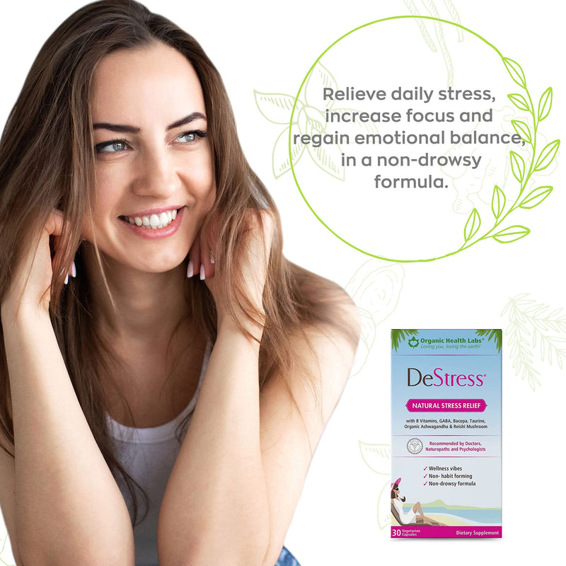 DeStress All-Natural: Veggie Capsules, with B Vitamins, Magnesium, Ashwagandha and L-Theanine Supplement, Anxiety Relief, 30 Veggie Capsules, Stress Relief Supplement Organic Health Labs