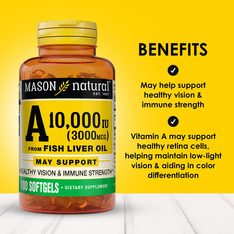 [Australia] - MASON NATURAL Vitamin A 3,000 mcg (10,000 IU) from Fish Liver Oil, Supports Vision & Immune Health, 100 Softgels, Pack of 3 Unflavored 100 Count (Pack of 3) 