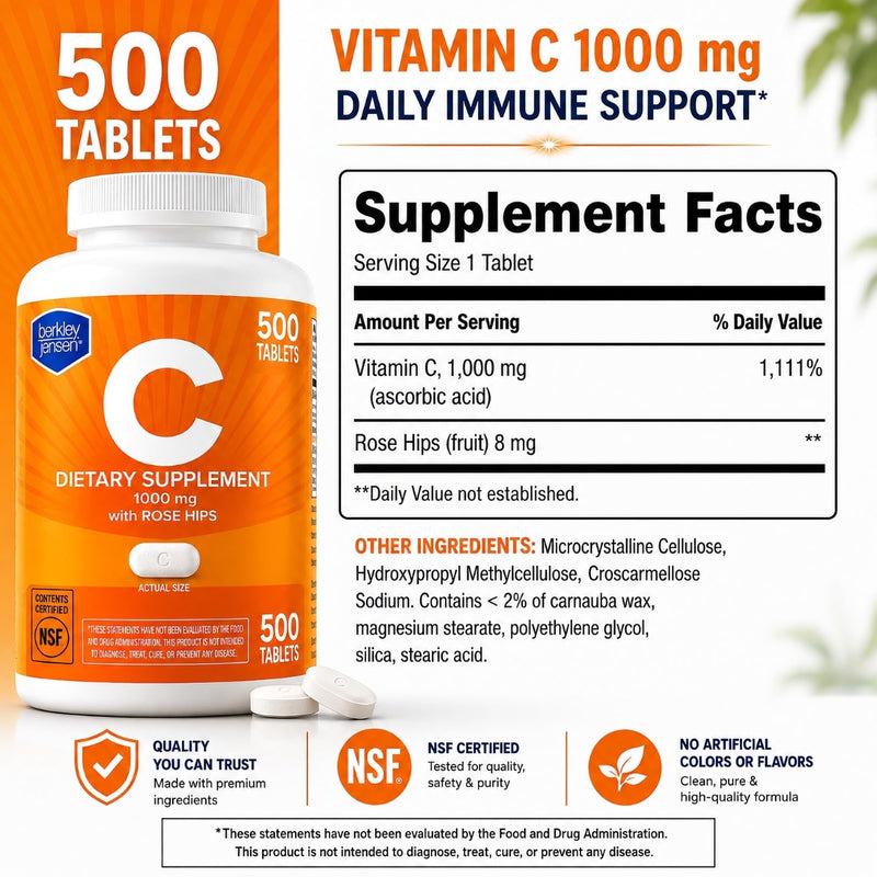 berkley jensen 1000mg Vitamin C Supplement with Rose Hips, 500 Tablets | Extra Strength Daily Vitamin C, Antioxidant & Immune Health Support, Men & Women, Ascorbic Acid, NSF Certified, Made in USA 500 Count (Pack of 1)