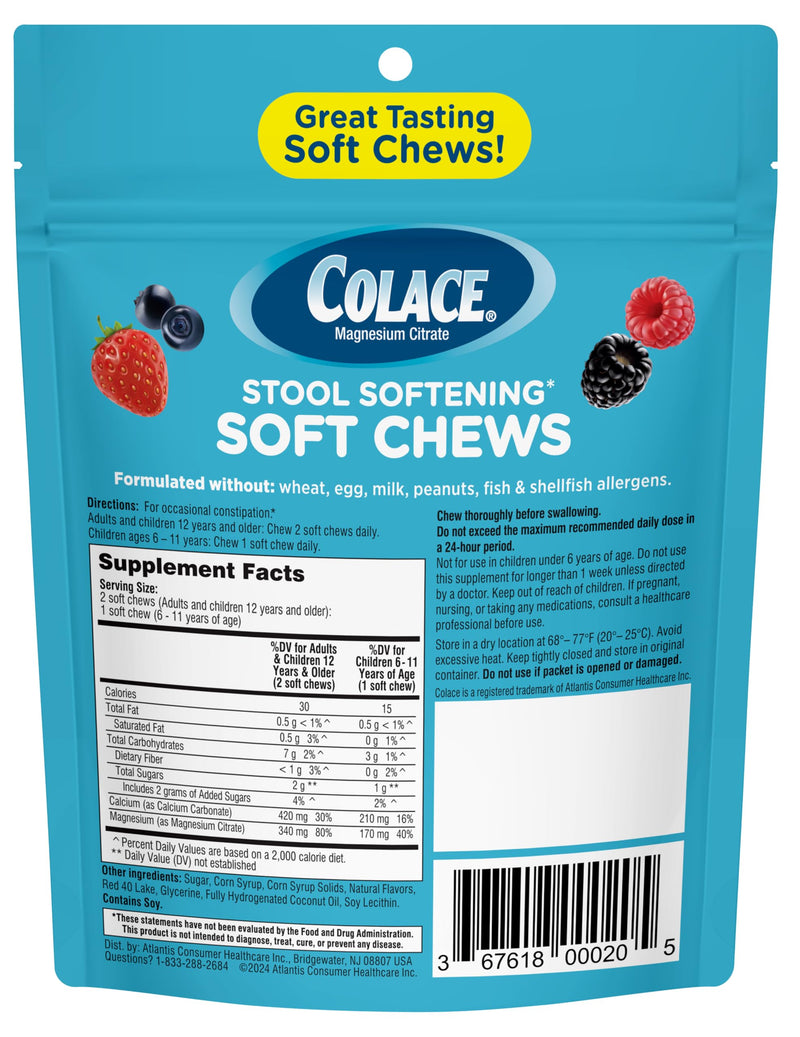 [Australia] - Colace Stool Softener Soft Chews, Gentle Constipation Relief, No.1 Doctor Recommended Stool Softener Brand, 42 Mixed Berry Chews (Pack of 2) 42 Count (Pack of 2) 