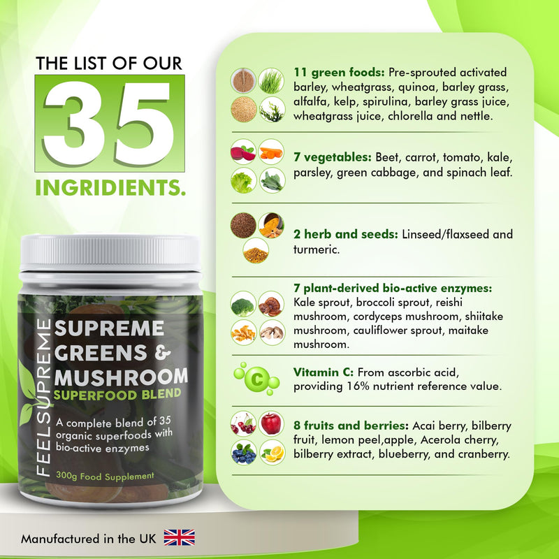 Super Greens Powder with Mushroom - 35 Nutrient Dense Organic Superfoods, no Added Sugar - High in Fibre, Protein, Vitamin C, Spirulina - Greens Supplement, Mushroom Powder - 300g