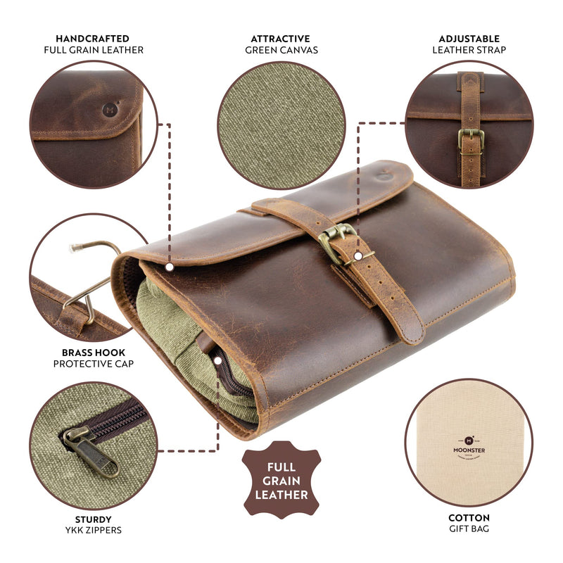 moonster Hanging Toiletry Bag for Men & Women, Leather Travel Bag with Hanging Hook, Dopp Kit Shower Bag