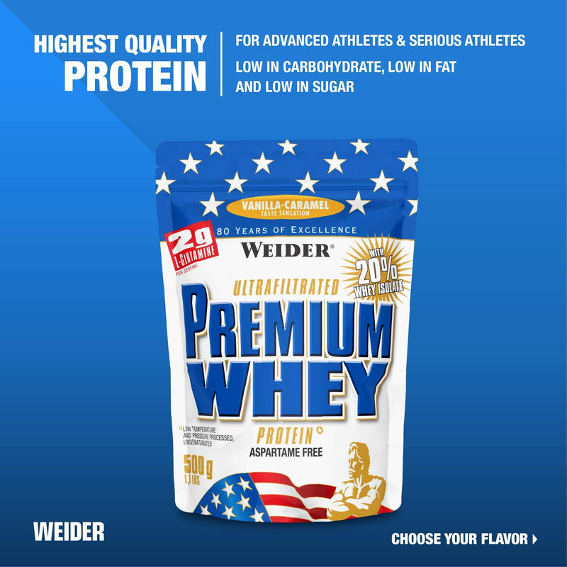 Weider Premium Whey Protein Powder, Vanilla Caramel,, 33g of Protein Per Serving, Low Carb, Whey Protein Isolate, Rich in BCAA's, 500g