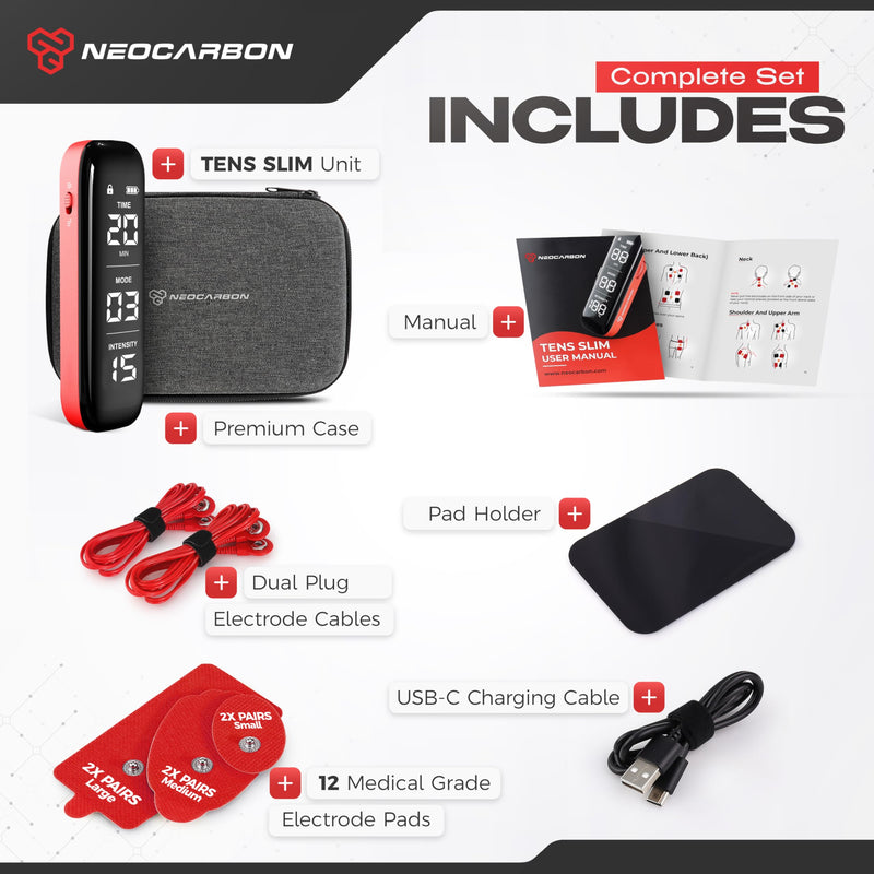NEOCARBON TENS Unit Muscle Stimulator Slim for Pain Relief, Red | Versatile & Drug-Free Pain Relief, Ultra-Slim & Lightweight, All-in-One Pulse Massager & Muscle Stimulator Kit