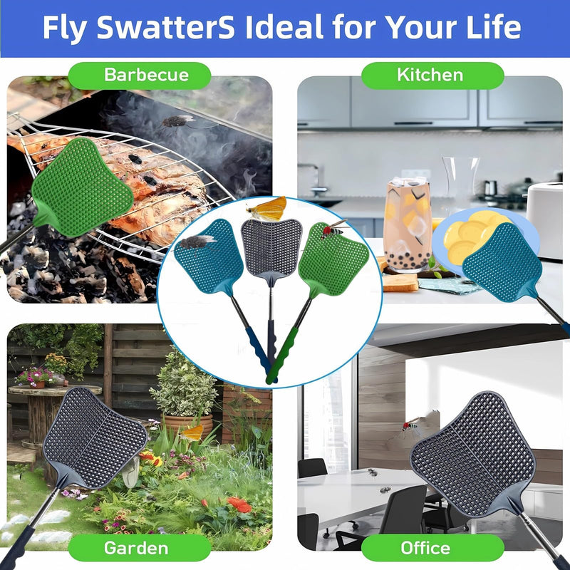[Australia] - Telescopic Fly Swatter, Jakeloo 3 Pack Fly Swatter for Indoors Plastic Flyswatter Heavy Duty with Stainless Steel Telescopic Handle Ideal for Summer Home/Indoor/Outdoor/Classroom/Office (Blue) Blue 