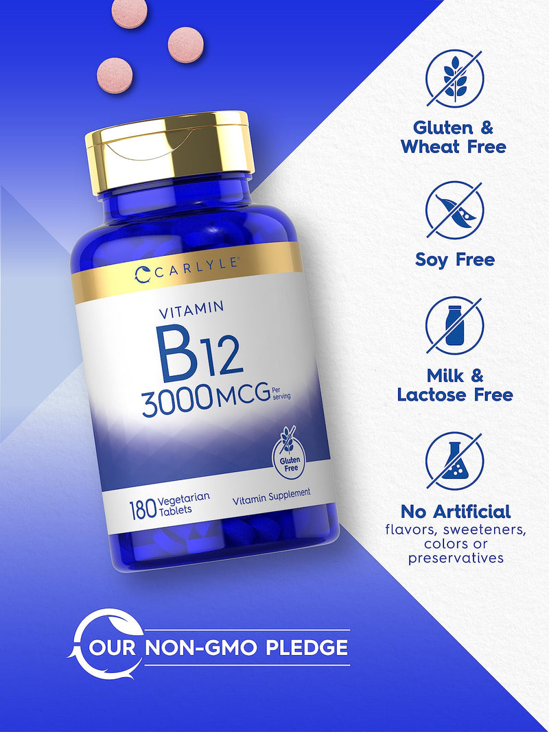 Carlyle B12 Vitamin 3000 mcg | 180 Tablets | Vegetarian Supplement | Non-GMO & Gluten Free