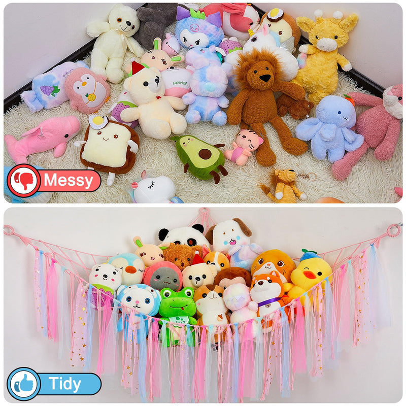 [Australia] - FIOBEE Stuffed Animals Net or Hammock with LED Light, Toy Hammock Hanging Stuffed Animals Storage Organizer Holder Room Décor for Nursery Kids Bedroom Pink 