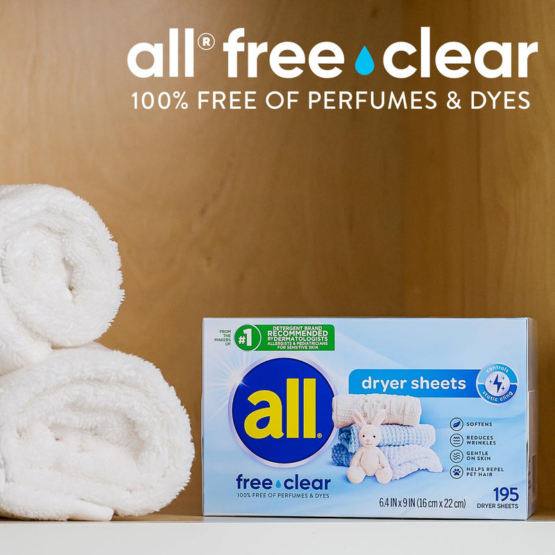 [Australia] - all Fabric Softener Dryer Sheets for Sensitive Skin, Free Clear, 195 Count 