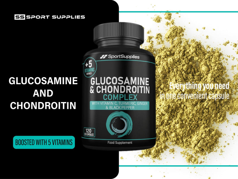 Glucosamine and Chondroitin High Strength Plus 5 Vitamins - 120 Complex Capsules 1,000mg (Providing 530mg Base) - Chondroitin 200mg - Added Turmeric, Ginger, Black Pepper, Vitamin C, B6, B1, D3 & B12