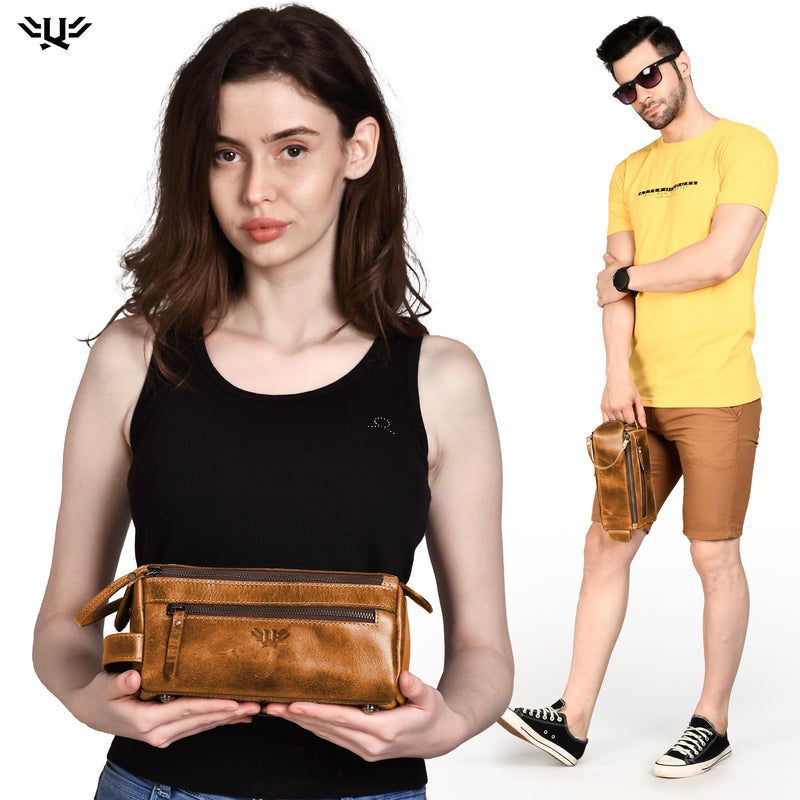 Premium Handmade Genuine Leather Toiletry Bag for Men & Women, Dopp Kit & Shaving Travel Organizer, Cosmetic Wash Bag with Zipper Pocket Travel Pouch, Gift for Him & Her - Tan Brown Tan (Large)