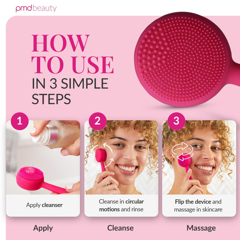 PMD Clean Mini - Smart Facial Cleansing Device with Silicone Brush & Anti-Aging Massager - Waterproof - SonicGlow Vibration Technology - Clear Pores and Blackheads - Lift, Firm, and Tone Skin Pink