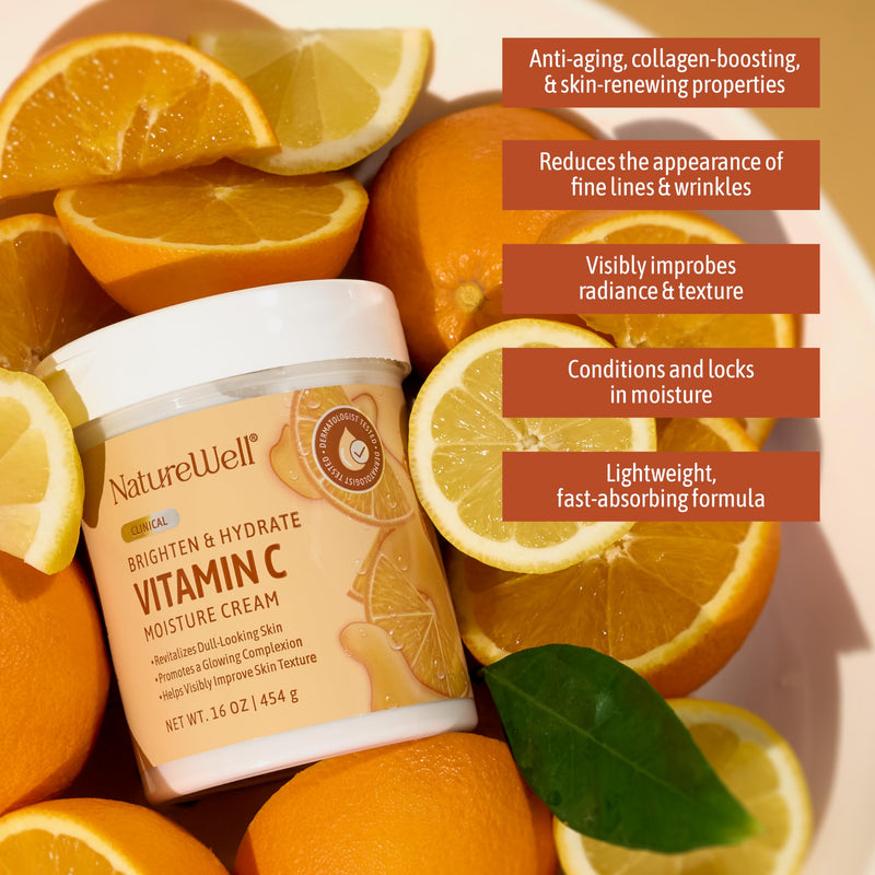 NatureWell Clinical Vitamin C Brighten & Hydrate Moisturizing Body Cream | Hydrating Face & Body Lotion with Coconut Oil, Helps Improve Uneven Skin Tone & Dark Spots, Anti-Aging Moisturizer 16 Ounce (Pack of 1)