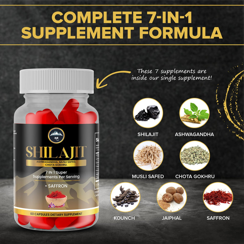 Ultimate Vitality Supplement Shilajit Capsules - Ashwagandha, Musli Safed, Gokhru, Saffron & More - Energy Stamina Stress Relief - 100% Natural Ayurvedic Formula - 60 Capsules