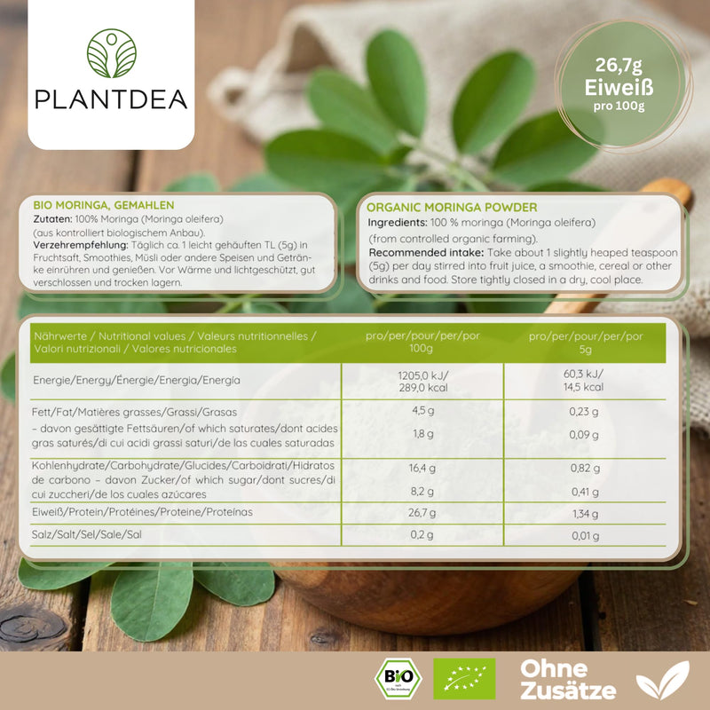 PlantDEA I Organic Moringa Powder (500 g) I 100% Organic Moringa Powder I Rich in Vitamins, Minerals & Antioxidants I Ideal as a Plant Protein Source