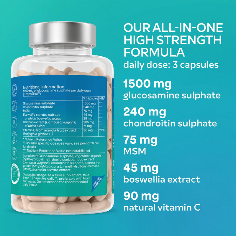 Glucosamine and Chondroitin High Strength + MSM, Boswellia Extract & Vitamin C (3 Capsules Daily) - Fish & Crustacean Allergen Free - 180 Capsules Glucosamine Sulphate 180 count (Pack of 1)