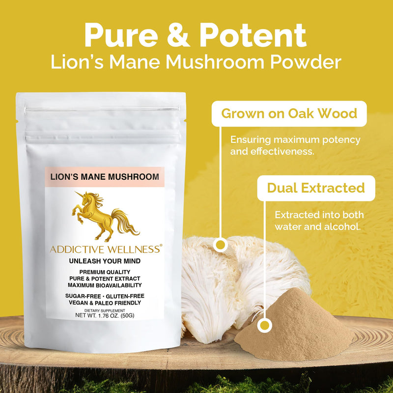 Addictive Wellness Lions Mane Supplement Powder, Premium Quality Lions Mane Mushroom Powder Dual-Extract Nootropic, Sugar Free, Vegan & Paleo Lion's Mane Mushroom Supplement - 1500 mg 50 g (Pack of 1)