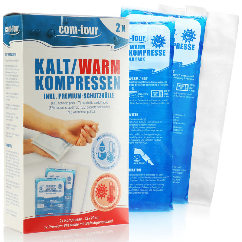 [Australia] - com-four® 2x large multiple compresses 29 x 12 cm with premium reusable fleece cover, cold and warm compresses with gel cooling pack, protective cover with elastic band, microwave safe - Made in Germany 