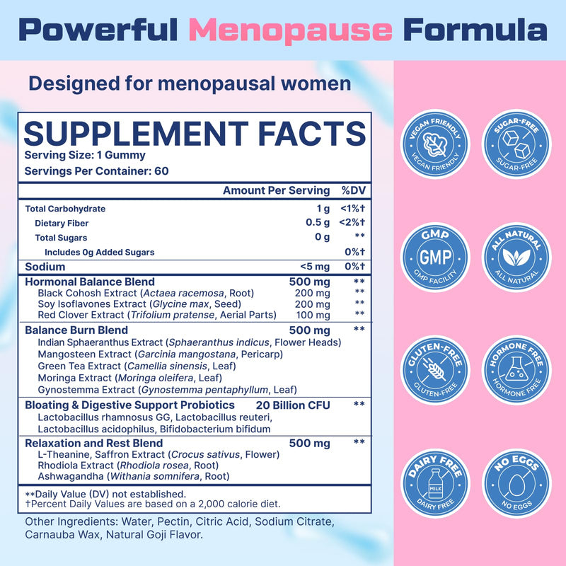 [Australia] - Menopause Supplements for Women Gummies, 16-in-1 Probiotic, Black Cohosh & Ashwagandha for Menopause Relief, Hot Flashes, Hormone Harmony, Mood Swings, Belly Burner* & Gut, Sugar-Free - 60 Gummies 60 Count (Pack of 1) 