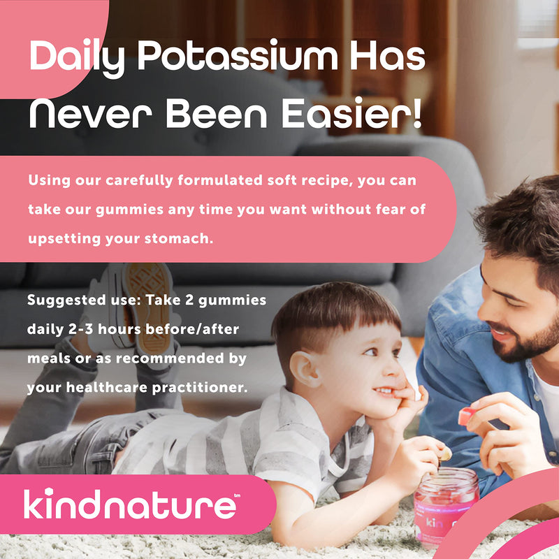 [Australia] - Kind Nature High Potassium Supplement 500mg - Chewable Gummies for Adults & Kids - Pure Potassium Bicarbonate Mineral Supplement - Vegan, Gluten Free, Non GMO - 60 Gummies (30 Day Supply) 