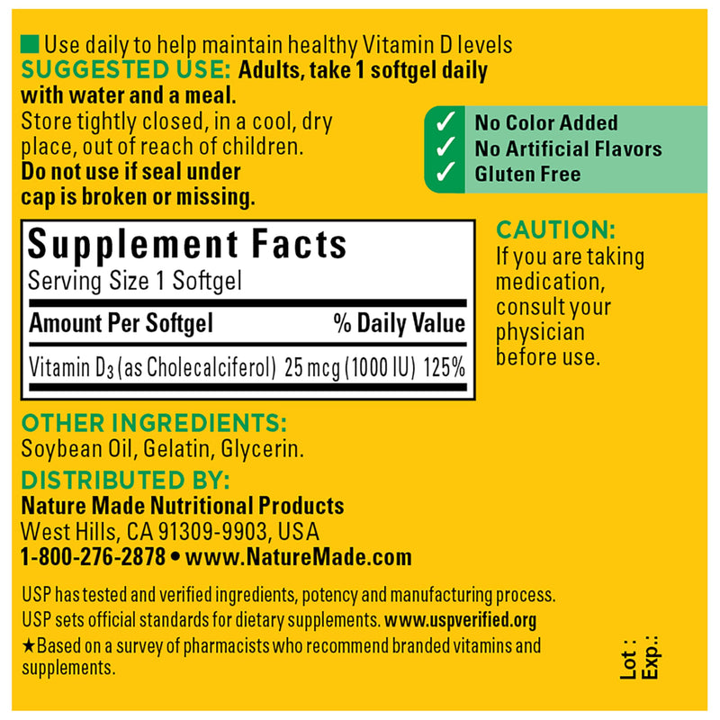 Nature Made Vitamin D3 1000 IU (25 mcg), 100 Vitamin D Softgels | Vitamin D Supplement for Immune, Bone, Teeth and Muscle Health Support, 100 Day Supply 100 Count (Pack of 1)