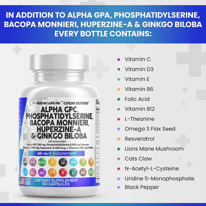 [Australia] - Clean Nutraceuticals Alpha GPC Choline 300mg Phosphatidylserine 3000mg Bacopa Monnieri 6000mg Ginkgo Biloba 2000mg Huperzine A 400mcg Supplement with Urdine Lions Mane Cats Claw NAC Vitamin C B D E 