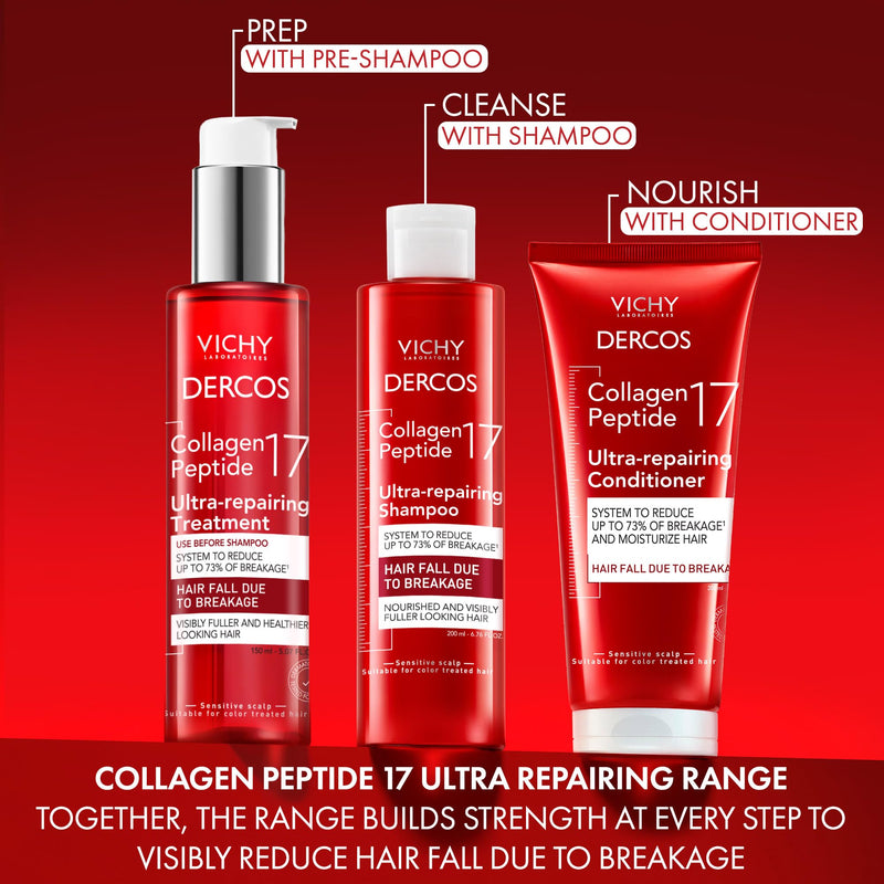 VICHY Dercos Collagen Peptide 17 Ultra-Repairing Shampoo, Anti Hair Fall & Bond Repair for Damaged Weak Hair, Strengthens, Reduces Breakage, Boosts Volume 13.52 Fl Oz (Pack of 1)