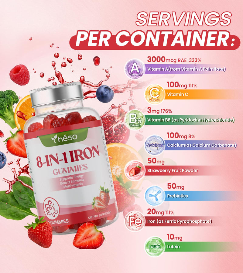 Iron Gummies for Kids & Teens, Kids Multivitamin with 20mg Iron Supplement, Vitamin A, C, B6 & Lutein – Sugar Free Multivitamin – Daily Nutrition & Eye Support, Strawberry Flavor, 60 Gummies 60 Count (Pack of 1)