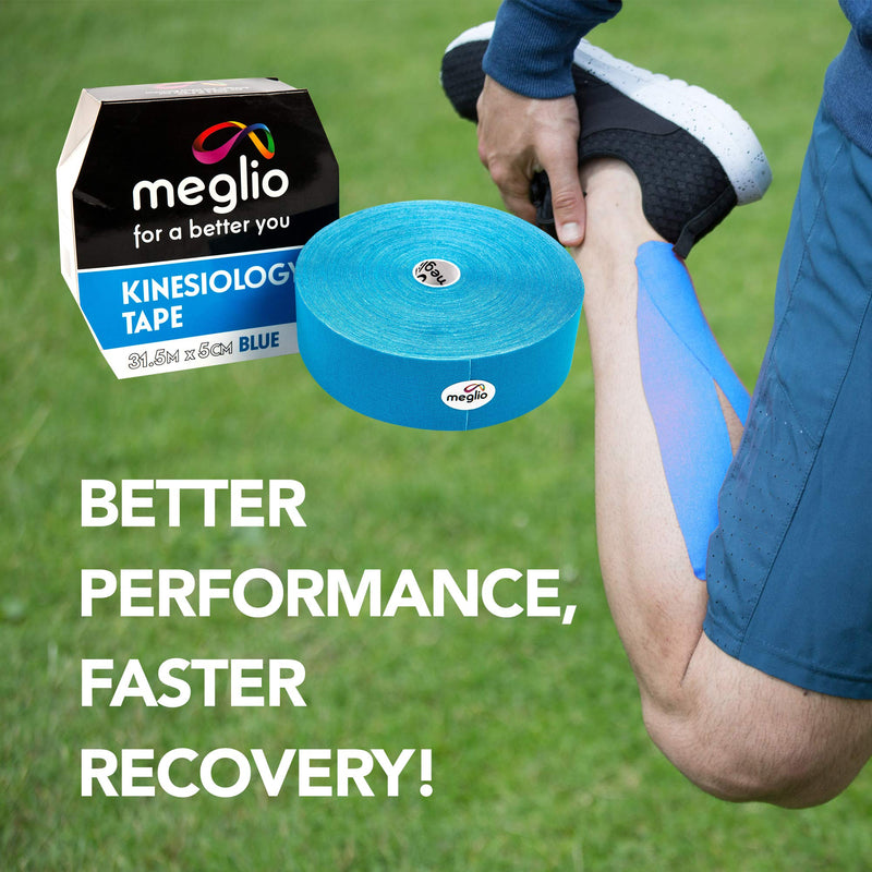 Meglio Kinesiology Tape - Uncut 31.5m Roll Sports Tape Strapping for Injuries, Support Muscle Tape, K Tape, Physio Tape, Trans Tape, Athletic Tape, Breathable & Waterproof - (Blue) Blue