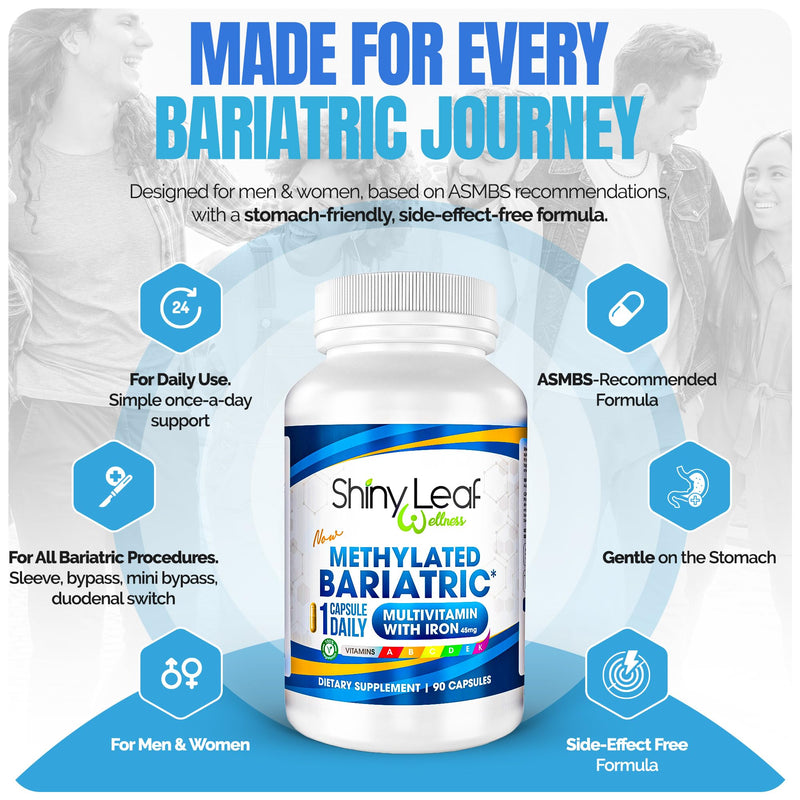 Shiny Leaf Bariatric Multivitamin with Iron 45 mg, Once Daily, 90 Count | Vitamins A, D, E, K, methylated folate and B12, meets ASMBS guidelines, vegetarian, soy-free, easy-swallow capsules 90 Count (Pack of 1)