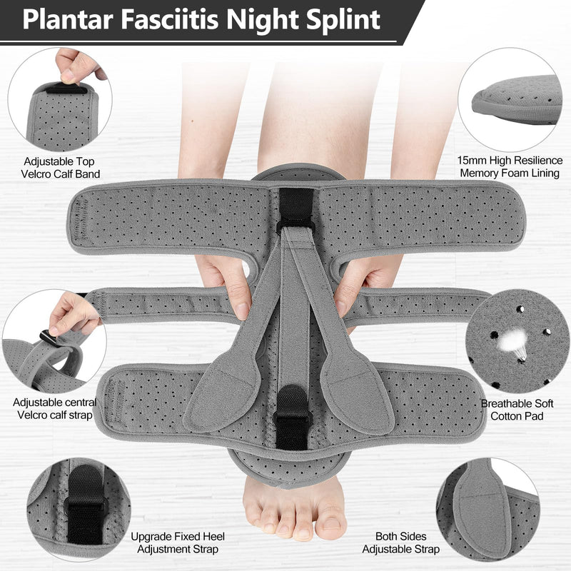 Plantar Fasciitis Night Splint, Plantar Fasciitis Relief Brace, 3 Adjustable Straps Relief Brace for Foot Drop, Achilles Tendonitis & Heel Pain - Day & Night Support (Elephant Grey) One Size Elephant Grey 1