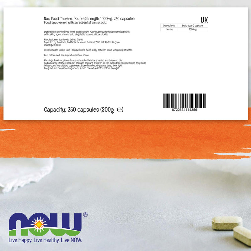 Now Foods, Double Strength Taurine, 1.000mg, 250 Vegan Capsules, Gluten Free, SOYA Free, Non-GMO, Vegetarian 250 Capsules