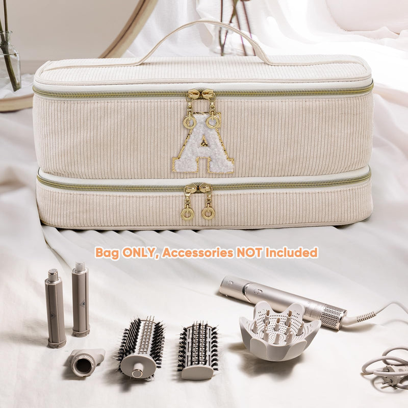 [Australia] - Initial Personalized Hair Tools Travel Bag Double-Layer Hair Dryer Case Compatible with Shark FlexStyle/SmoothStyle, Dysson Airwrap & Supersonic – Hair Tool Organizer for Travel & Home A Ivory 