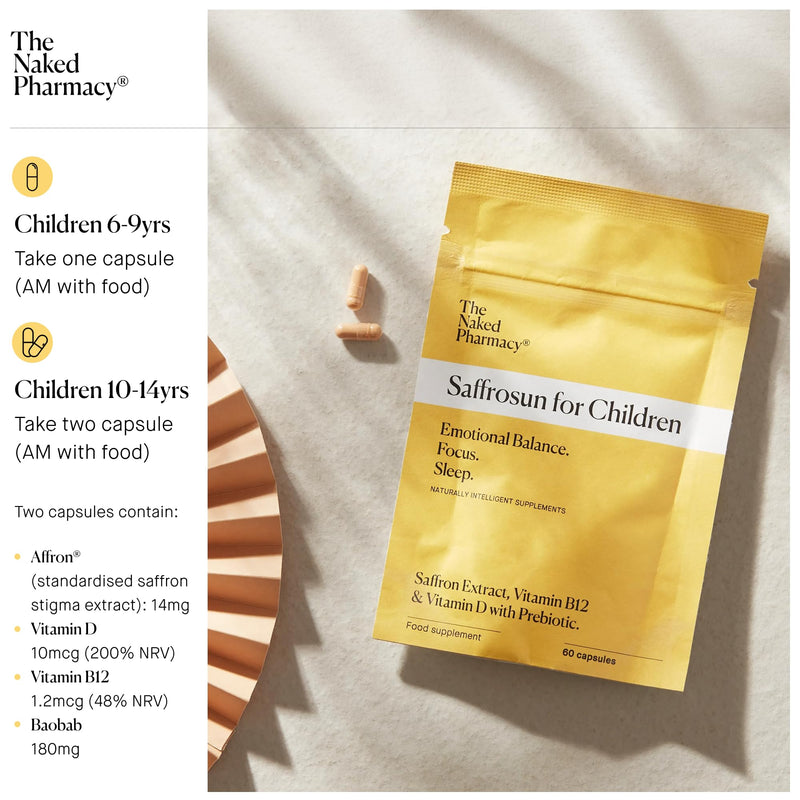 The Naked Pharmacy | Saffrosun for Children | Sleep & Balance | Natural Saffron Supplements with Vitamins D3 & B12 | High Strength | No Additives | Vegan | 60 Capsules 60 count (Pack of 1)