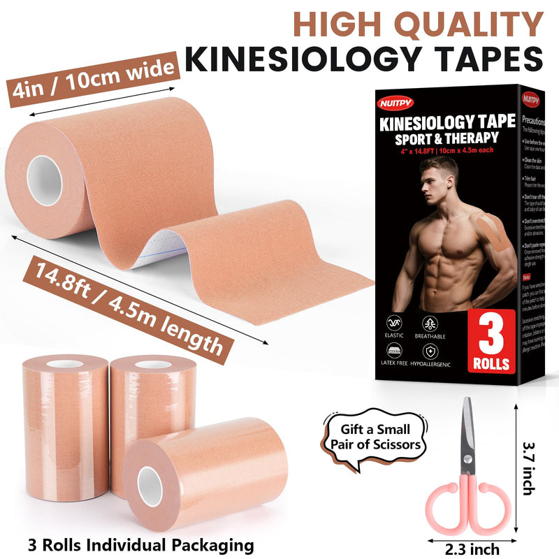 [Australia] - 3 Rolls Kinesiology Tape, 4 inch x 14.8 Feet Waterproof Athletic Tape, Uncut Kinetic Tape, Elastic Muscle Tape, Sports Tape, Knee Tape for Exercise and Daily Use - Skin Color 