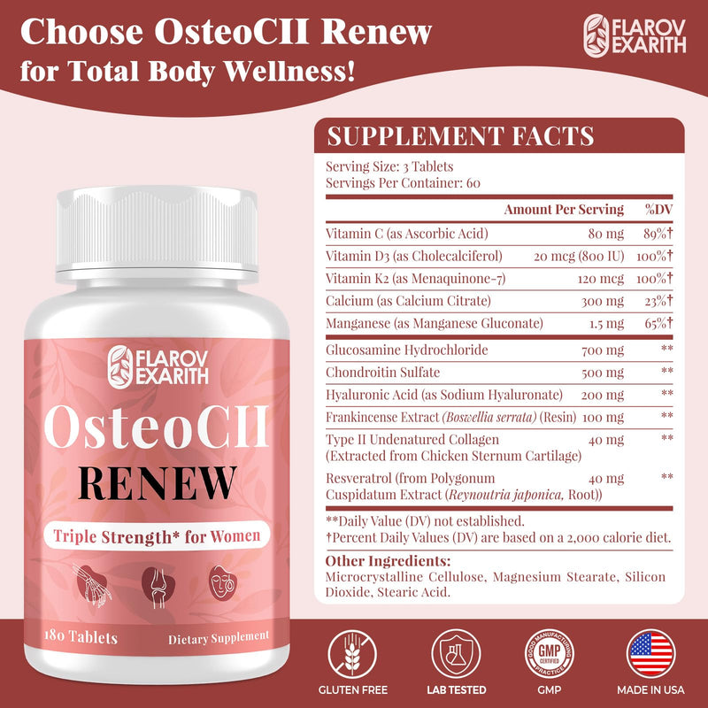 [Australia] - Joint Supplements for Women OsteoCII Renew Triple Strength – Advanced Joint, Bone & Skin Formula – Collagen, Glucosamine, Chondroitin, Calcium, MK-7, Vitamin D3, Hyaluronic Acid, 180 Tablets 180 Count (Pack of 1) 
