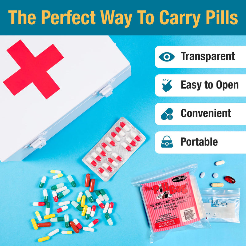 3 mil Strong, Flexible, Comfortable.The Pill Bag Medicine Pill Organizer, Resealable, Disposable Pouches for Vitamins, Gummies, Plastic Bags Travel, Walks, Exercise, Clean,Standard Size100 Count